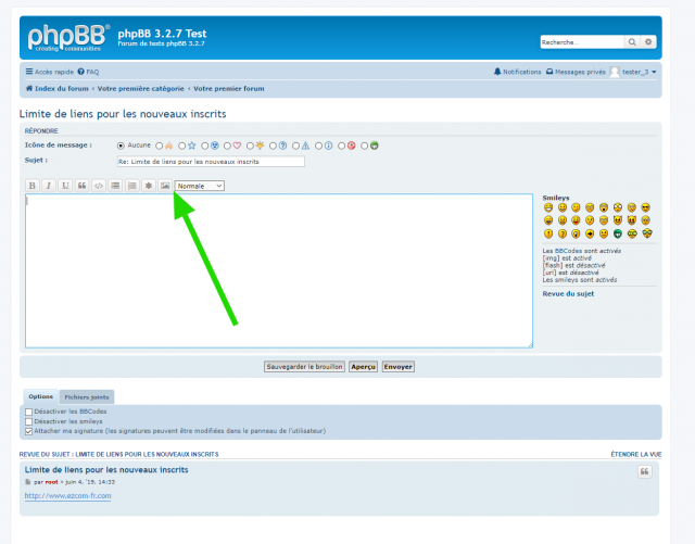 phpBB - Extension - Disallow links before x posts - Page de l'éditeur complet - Absence du bouton du BBCode URL.png