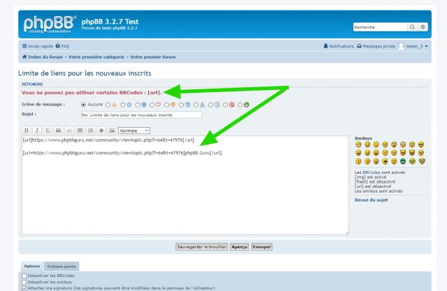 phpBB - Extension - Disallow links before x posts - Page de l'éditeur complet - Interdiction d'user du BBCode URL.png