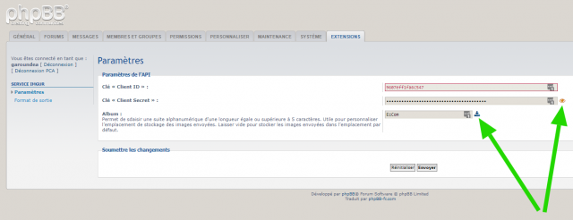 phpBB - Extensions - Imgur - Paramètres de l’extension - Voir la clé secrète et télécharger une sauvegarde des images envoyées.png